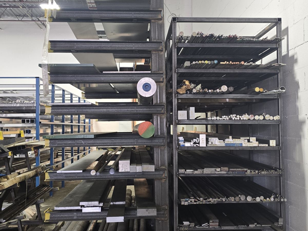 Bar stock aisle with round bar and plate racks
